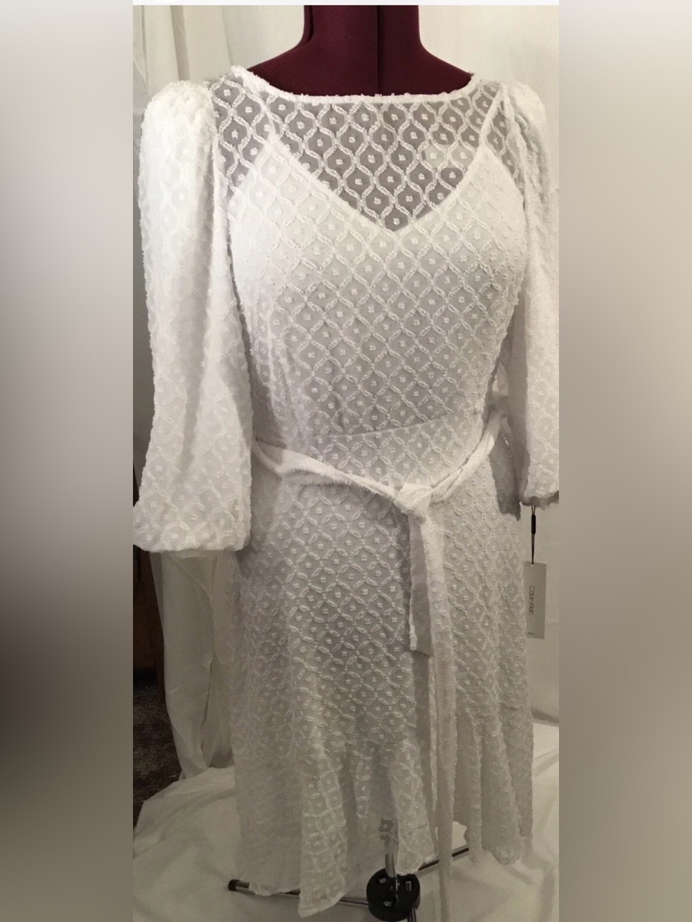 White Lace V-Neck Belted Women's Dress Calvin Klein Size 10NWT